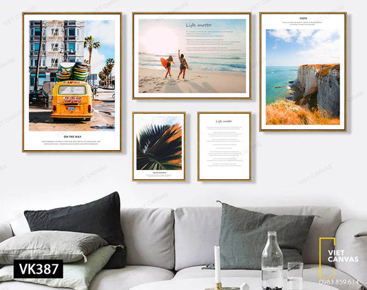 Bộ 5 Tranh Bờ Biển, Lá Cây Và Khu Phố - VK387