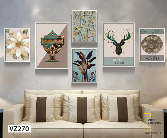 Bộ 6 Tranh Hươu, Chiếc Bình Cổ, Hoa Lá Và Vân Gỗ - VZ270