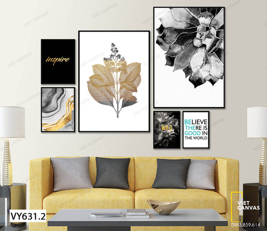 Bộ 6 Tranh Lá Cây, Sen Đá Và Quotes - VY631.2