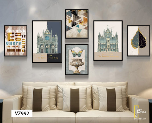 Bộ 6 Tranh Bướm, Lá Cây, Tòa Lâu Đài, Hình Học Và Quotes - VZ992