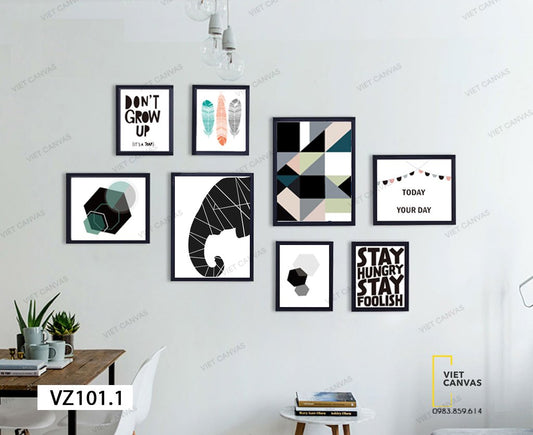Bộ 8 Tranh Voi, Lông Vũ Và Quotes - VZ101.1