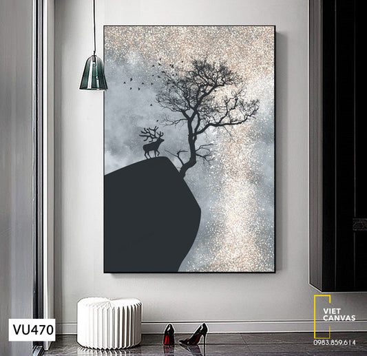 Tranh Hươu Đứng Trên Vách Núi Và Cây - VU470