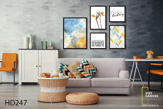Bộ 5 Tranh Trừu Tượng, Nhành Cây Và Quotes - HD247