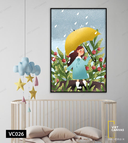 Tranh Bé Gái Thăm Vườn Hoa Trong Chiều Mưa - VC026