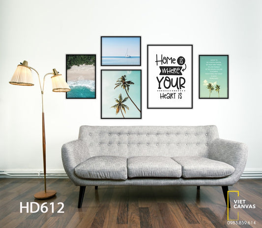 Bộ 5 Tranh Biển Trời Trong Lành, Cây Dừa Và Quotes - HD612