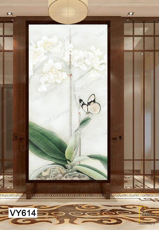 Tranh Bướm Đậu Trên Nhành Hoa Lan Trắng - VY614