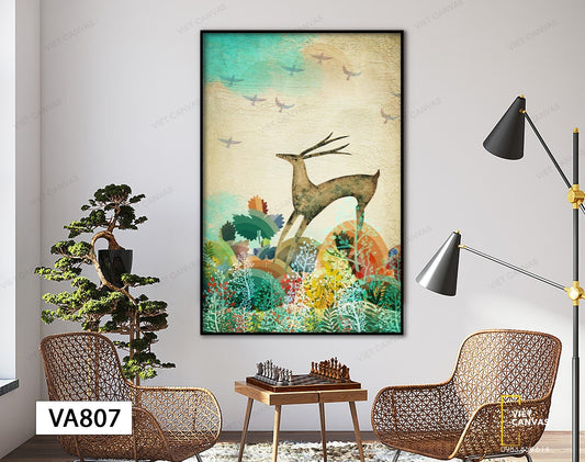 Tranh Chú Hươu Trên Đồi Đầy Hoa - VA807