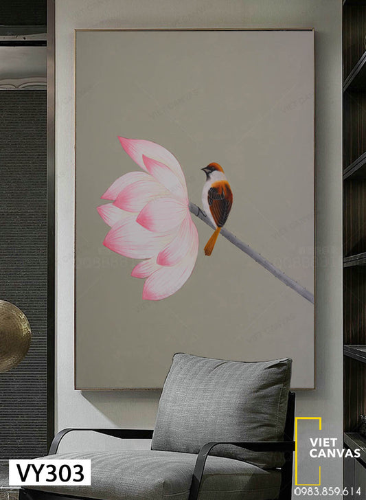 Tranh Chú Chim Đậu Trên Cành Sen - VY303