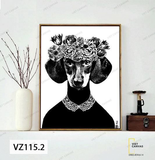 Tranh Chú Chó Đội Hoa Trắng Đen - VZ115.2