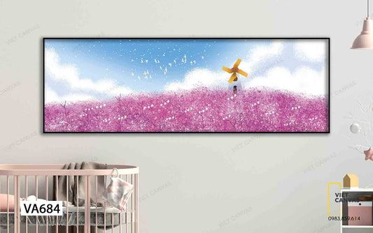 Tranh Cối Xay Gió Trên Cánh Đồng Màu Hồng - VA684