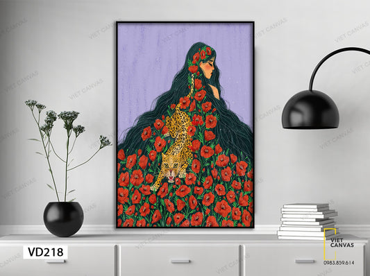 Tranh Cô Gái Với Mái Tóc Trải Đầy Hoa - VD218