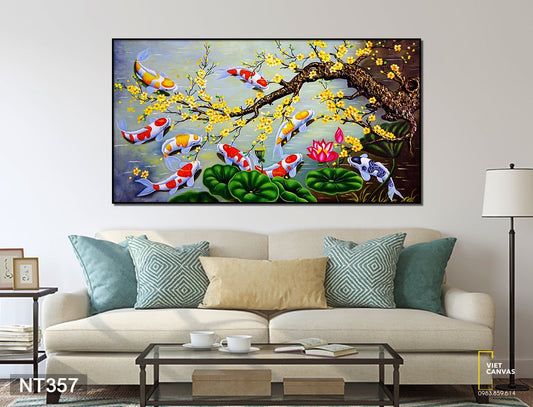 Tranh Cửu Ngư Bên Hồ Sen Và Cành Mai - NT357