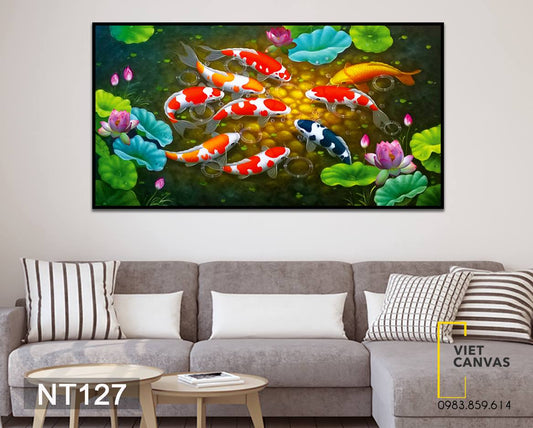 Tranh Chú Cá Bên Hoa Sen - NT127