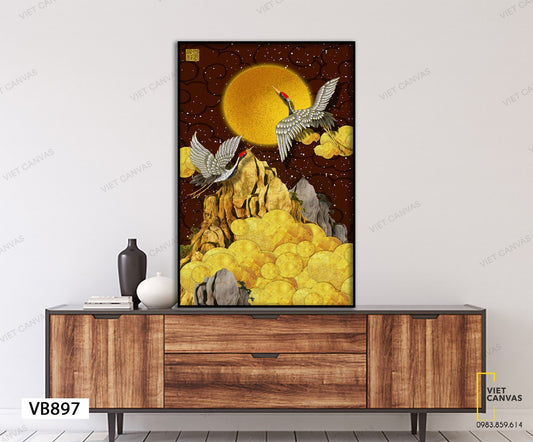Tranh Đôi Chim Hạc Bay Lượn Trên Núi Và Trăng - VB897