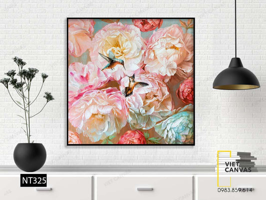 Tranh Đôi Chim Trên Nền Hoa Mẫu Đơn - NT325