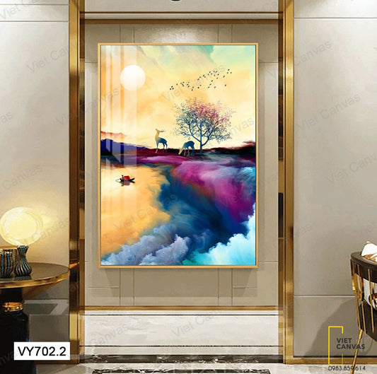 Tranh Đôi Hươu , Con Thuyền Và Dòng Sông - VY702.2
