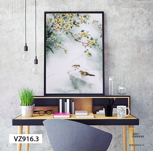 Tranh Hai Chú Chim Dưới Nhành Hoa Vàng - VZ916.3