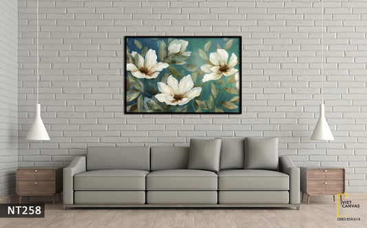 Tranh Hoa Trắng Nhẹ Nhàng Nền Xanh - NT258