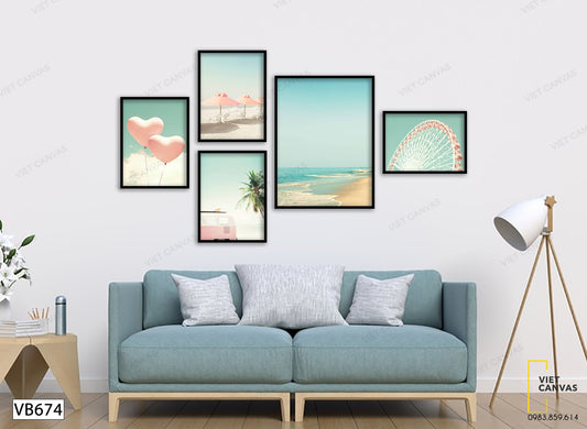 Bộ 5 Tranh Trái Tim, Biển Xanh Và Vòng Quay - VB674