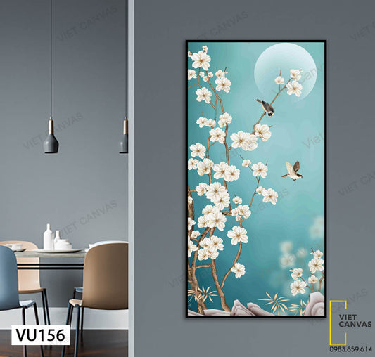 Tranh Nhành Hoa Đào Trắng Và Chim - VU156