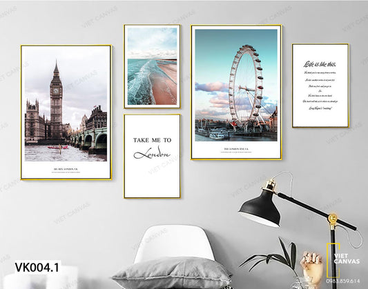 Bộ 5 Tranh Tháp Đồng Hồ, Vòng Quay, Bãi Biển Và Quotes - VK004.1