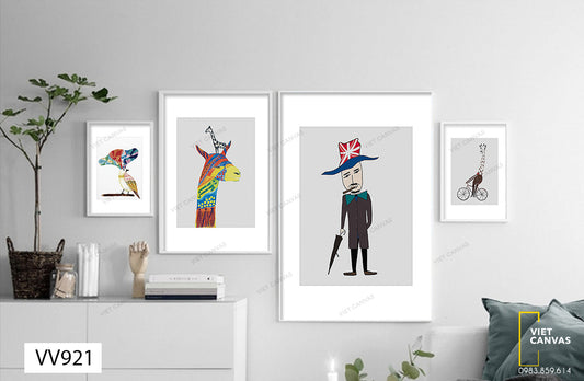 Bộ 4 Tranh Người Đàn Ông, Hươu Cao Cổ Và Chim - VV921.1