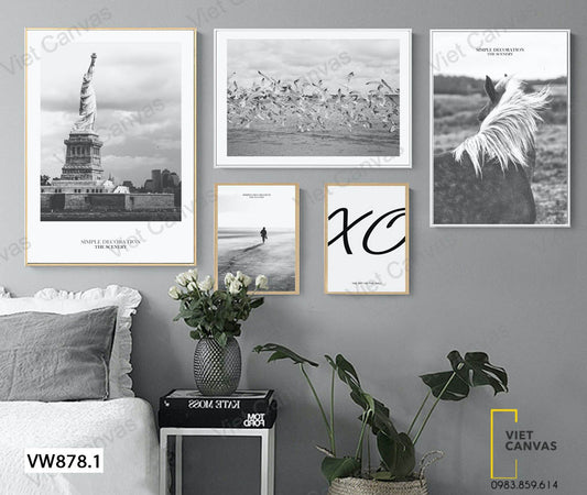 Bộ 5 Tranh Tượng Nữ Thần Tự Do, Đàn Chim Và Ngựa - VW878.1