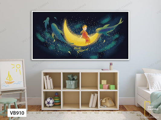 Tranh Bé Con Bay Giữa Ngân Hà Với Cá Voi Xanh - VB910