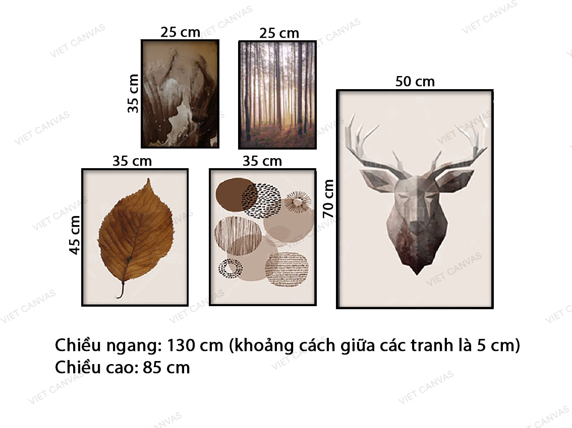 Bộ 5 Tranh Khu Rừng, Lá Cây Và Hình Nai Độc Đáo - VZ248.2